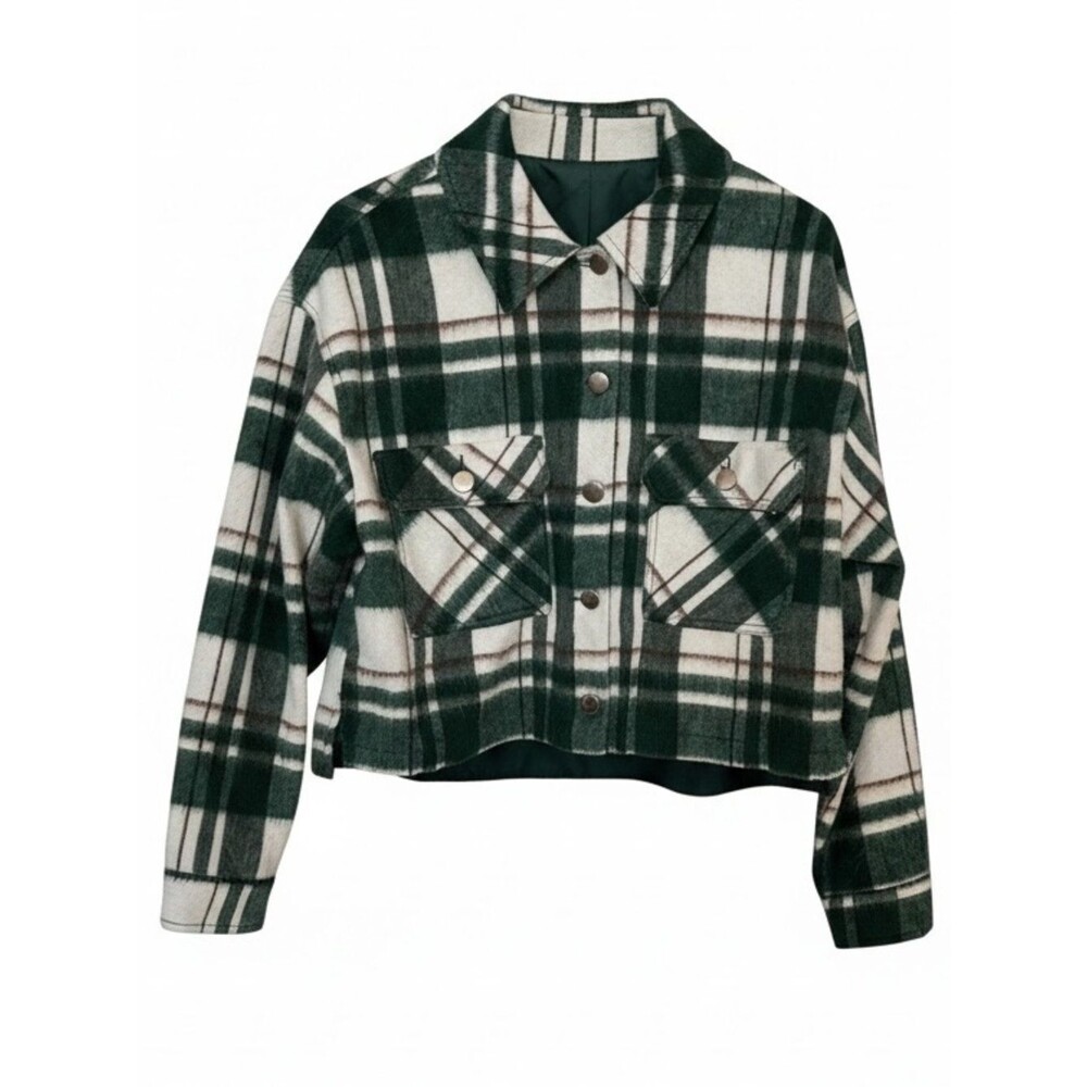 Zara Green and White Plaid Cropped Jacket - M